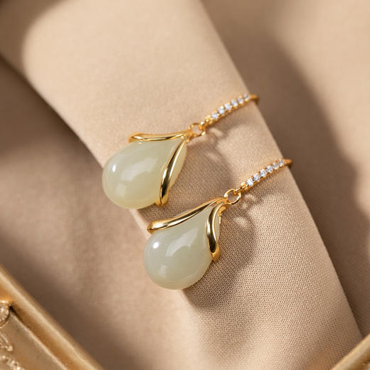 S925纯银镀金和田玉气质个性水滴形时尚耳环耳坠耳饰CW 商品图1