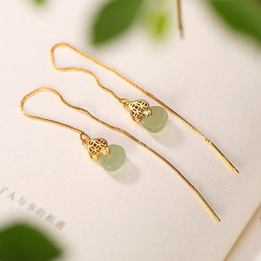 S925纯银镀金和田玉青玉简约气质福禄葫芦耳线耳饰CW 商品图2