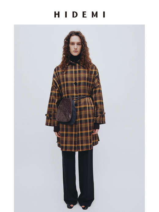 HIDEMI 棕咖色格纹经典大伞状廓形极简风衣 商品图0