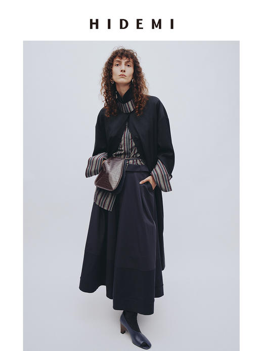 HIDEMI 精纺羊毛廓形条纹翻边复古长款飘领设计感风衣 商品图0
