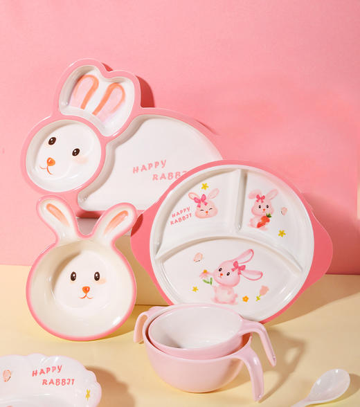 粉萌兔儿童餐具 （勺子、盘子、碗、花边碗、三格盘）礼品 商品图0