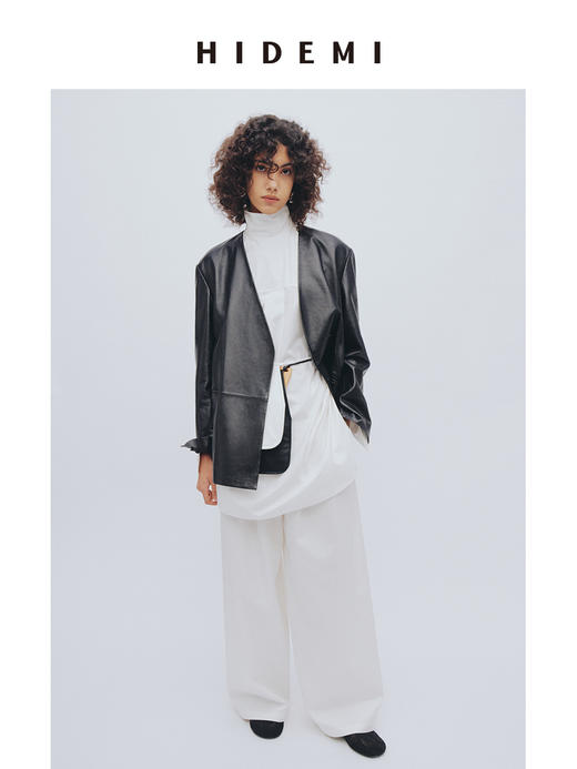 HIDEMI 做旧水洗羊皮无领双排扣皮西装大衣真皮皮衣外套 商品图0