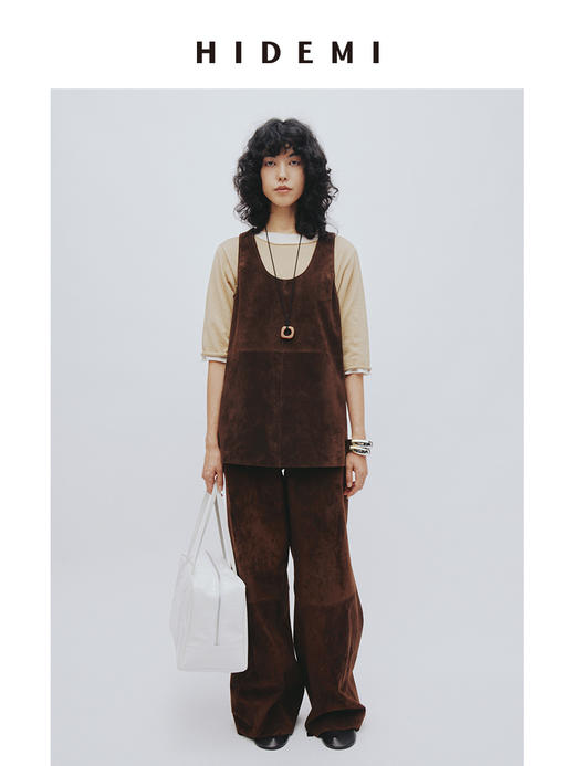 HIDEMI麂皮极简设计感圆领背心马夹长裤皮衣套装 背心上衣/阔腿裤 商品图0