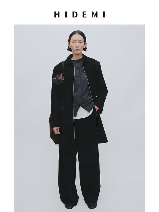 HIDEMI 麂皮极简拉链廓形口袋式中长款皮衣大衣套装 外套/中短裤 商品图2