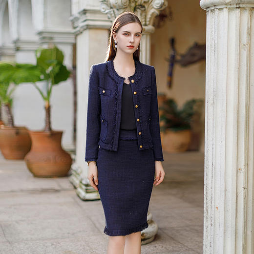 IWY/气质女神范小香风职业套装裙藏青色毛边编织开衫短外套两件套CS1911 商品图1