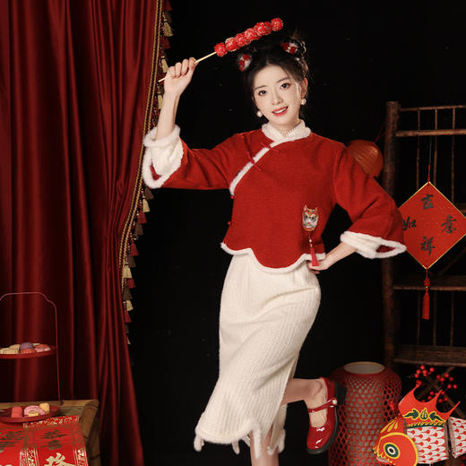 加绒羽毛纱袖口带毛旗袍，宴会拜年日常短袄马夹两件套JQZ-856 商品图3