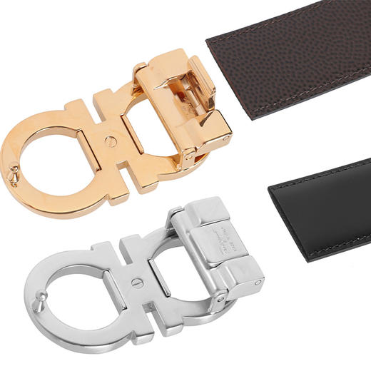 Salvatore Ferragamo 菲拉格慕 男士高亮金色+银色扣头 荔枝纹+平纹真皮腰带 双头礼盒装 11793 商品图5