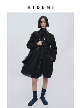 HIDEMI 麂皮极简拉链廓形口袋式中长款皮衣大衣套装 外套/中短裤
