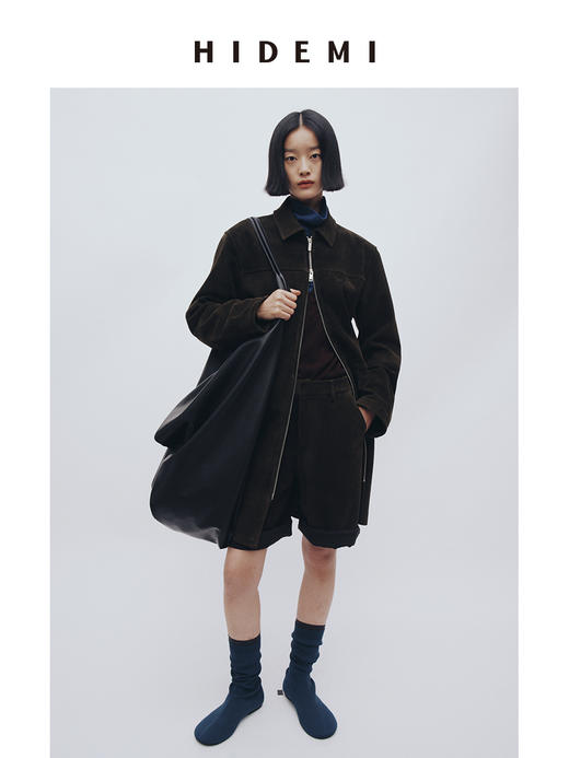 HIDEMI 麂皮极简拉链廓形口袋式中长款皮衣大衣套装 外套/中短裤 商品图0