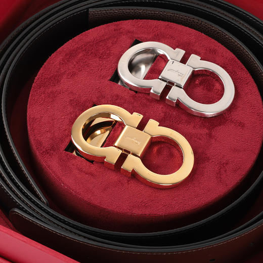 Salvatore Ferragamo 菲拉格慕 男士高亮金色+银色扣头 荔枝纹+平纹真皮腰带 双头礼盒装 11793 商品图0