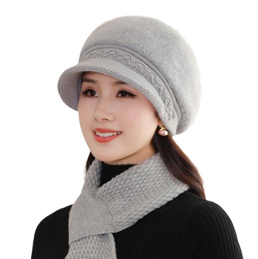 雀说 兔毛盆帽时尚妈妈帽加绒保暖防风针织帽子围脖套件M2570 商品图3