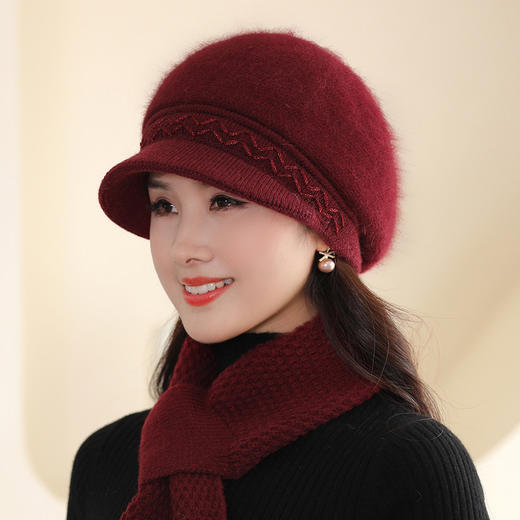 雀说 兔毛盆帽时尚妈妈帽加绒保暖防风针织帽子围脖套件M2570 商品图2