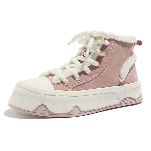 「三款配色！皮面加绒」高帮女鞋2023秋冬新款复古厚底板鞋子韩版保暖二棉鞋 商品图4