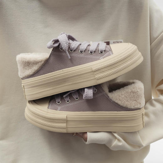 「两款配色！港风chic加绒款」帆布鞋女学生2023冬新款韩版保暖休闲厚底板鞋子 商品图1