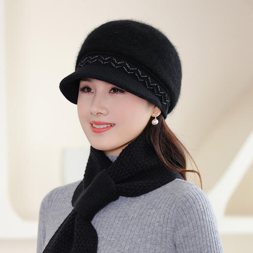 雀说 兔毛盆帽时尚妈妈帽加绒保暖防风针织帽子围脖套件M2570 商品图1
