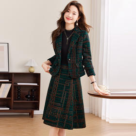 秋冬季新款，格纹裙西装外套+打底连衣裙厚款毛呢套装QYM-TB-DS0904-Y