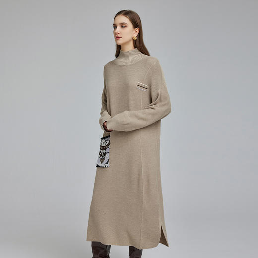 NG680斯尔丽2023秋冬新款半高领宽松口袋提花宽松显瘦显高针织连衣裙 商品图2