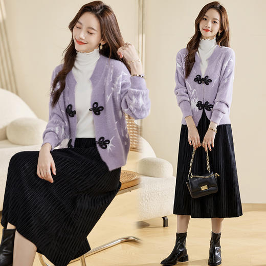 时尚百搭，提花貂绒上衣+波浪绉丝绒半裙HR-MLJL8359 商品图1