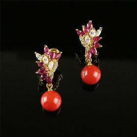 18K黄金镶红宝石钻石 阿卡红珊瑚耳环