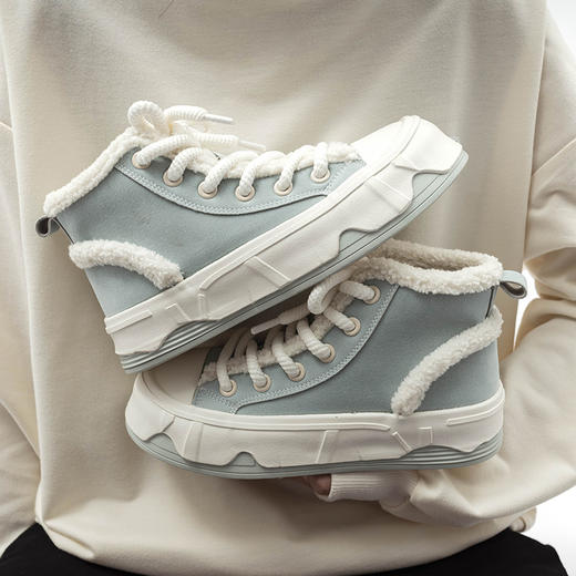 「三款配色！皮面加绒」高帮女鞋2023秋冬新款复古厚底板鞋子韩版保暖二棉鞋 商品图2