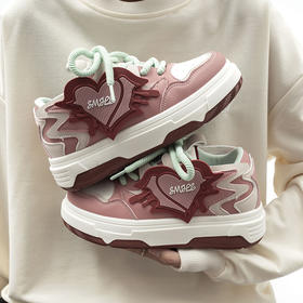 「三款配色！爱心拼色板鞋」雾霾粉女2023秋季新款厚底休闲板鞋子