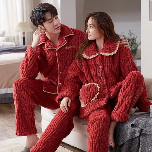 秋冬季法兰绒情侣睡衣女长袖加厚加绒翻领开衫珊瑚绒男士家居服 商品图2