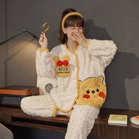 秋冬季女士法兰绒V领开衫和服睡衣女长袖珊瑚绒家居服睡衣加绒