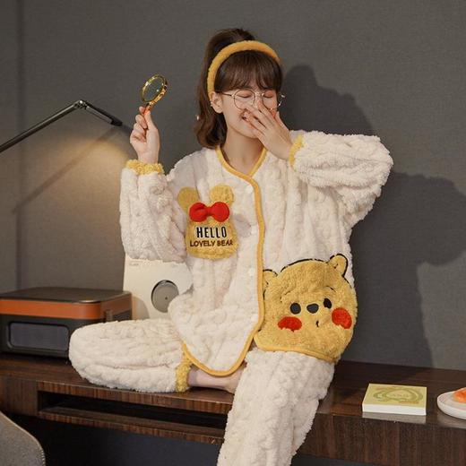 秋冬季女士法兰绒V领开衫和服睡衣女长袖珊瑚绒家居服睡衣加绒 商品图0