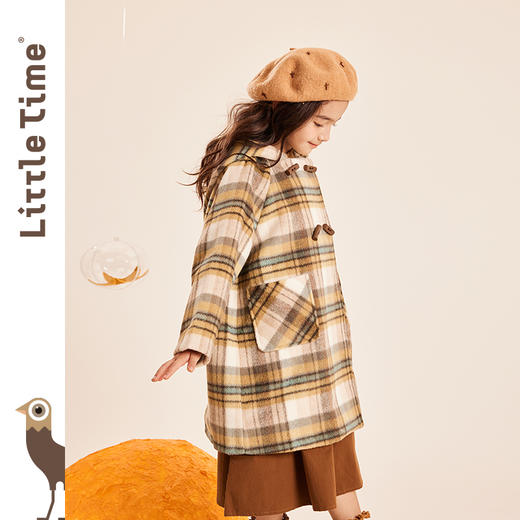 littletime童装中长款外套保暖格纹连帽女童呢子大衣2023秋冬新款 商品图3