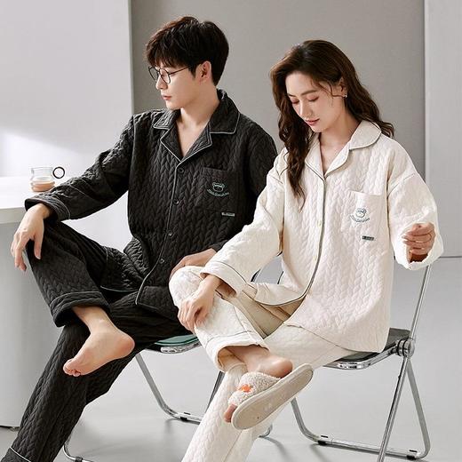 新款夹层情侣睡衣女长袖卡通套装秋冬季翻领开衫男士可外穿家居服 商品图0