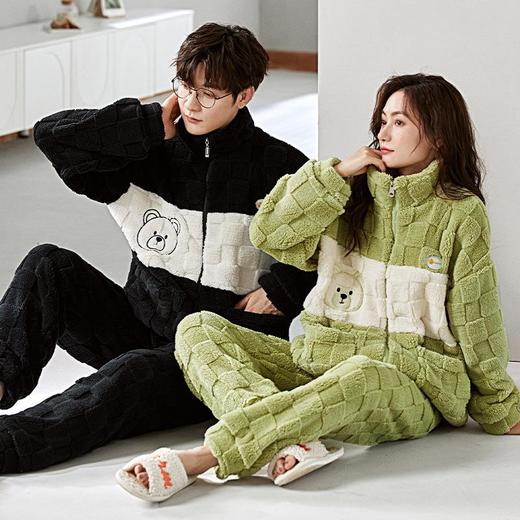 秋冬季小熊情侣睡衣女士软绵绵拉链开衫法兰绒男士加绒加厚珊瑚绒 商品图1