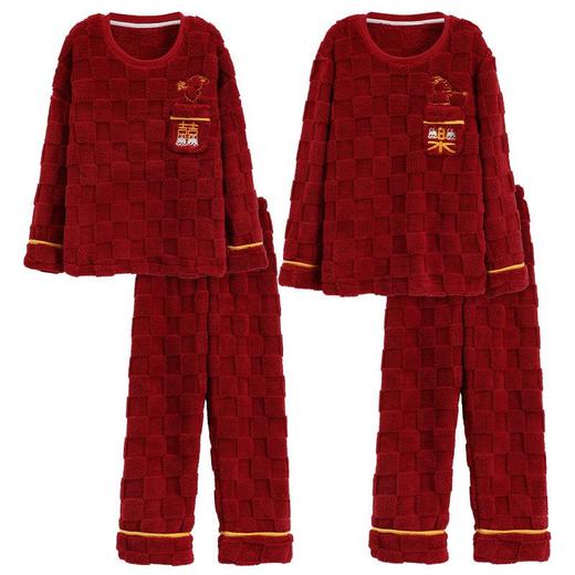 情侣睡衣秋冬珊瑚绒女士大红本命年结婚喜庆家居服法兰绒男士套装 商品图4