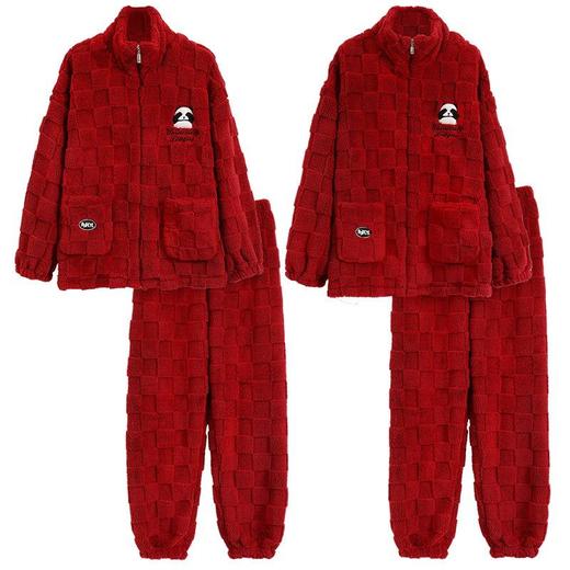 秋冬情侣睡衣女法兰绒拉链开衫加绒加厚男士珊瑚绒新婚红色家居服 商品图4