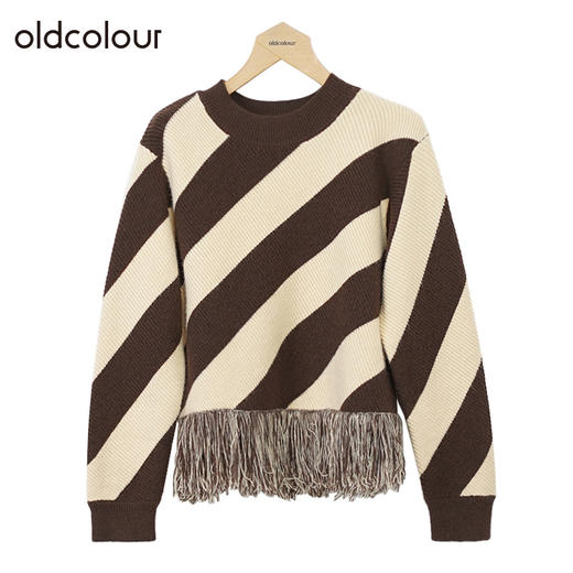 oldcolour复古条纹针织衫冬季新款设计感气质流苏毛衣女O42052281 商品图1
