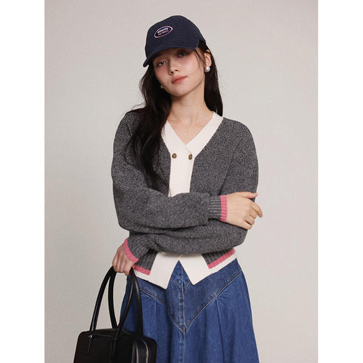 Even Vintage|美利奴羊毛 精致杂花撞色微短百搭秋冬针织开衫外套 商品图3