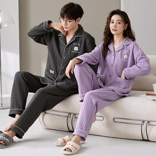 新款夹层情侣睡衣女长袖卡通套装秋冬季翻领开衫男士可外穿家居服 商品图2