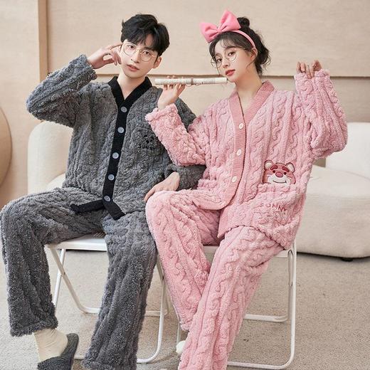 情侣睡衣女珊瑚绒加厚加绒V领开衫冬季法兰绒家居服男秋冬款套装 商品图1