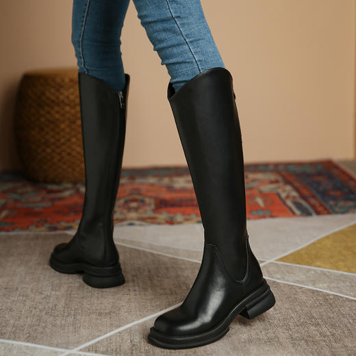 陈00 踩屎感! 软到爆 !厚底增高 圆头骑士靴女 显瘦弹力不过膝 长靴高筒靴1985-9 商品图1
