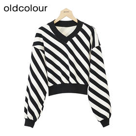 oldcolourV领条纹卫衣冬季新款简约气质直筒短款T恤女O42024284