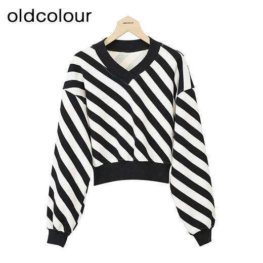 oldcolourV领条纹卫衣冬季新款简约气质直筒短款T恤女O42024284 商品图0