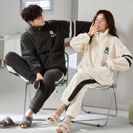 秋冬季小熊情侣睡衣女士软绵绵拉链开衫法兰绒男士加绒加厚珊瑚绒 商品图0