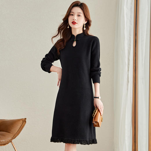 秋冬季新款，配大衣内搭打底裙新中式针织连衣裙女盘扣毛衣长裙CC-J319 商品图2