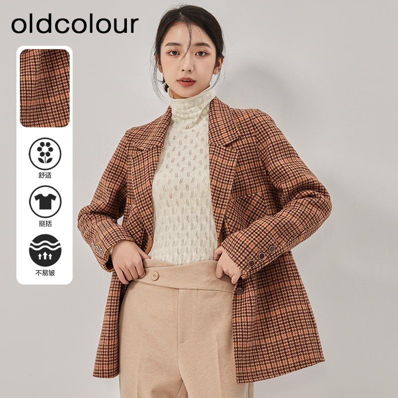 oldcolour冬季新款直筒中长款格子西装毛呢外套女O42155227