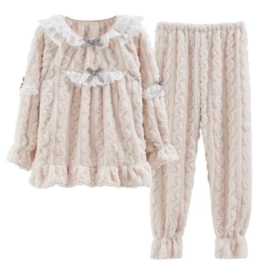 秋冬季法兰绒睡衣女长袖加厚加绒宫廷风法式女士珊瑚绒家居服套装 商品图4