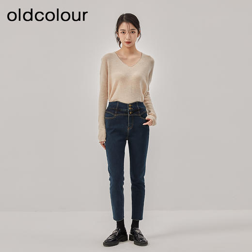 oldcolour冬季新款高腰显瘦弹力铅笔裤加厚深色牛仔裤女O44113429 商品图3