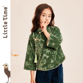 littletime女童国风丝绒T恤打底衫2023春秋新款竹子洋气儿童上衣