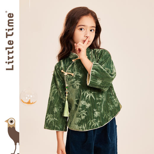 littletime女童国风丝绒T恤打底衫2023春秋新款竹子洋气儿童上衣 商品图0