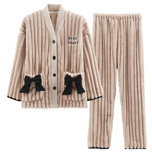 秋冬季女士法兰绒V领开衫和服睡衣女长袖珊瑚绒家居服睡衣加绒 商品图4
