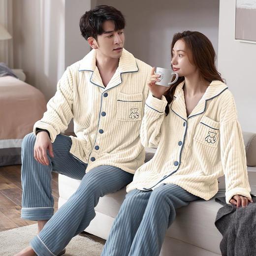 秋冬季法兰绒情侣睡衣女长袖加厚加绒翻领开衫珊瑚绒男士家居服 商品图1
