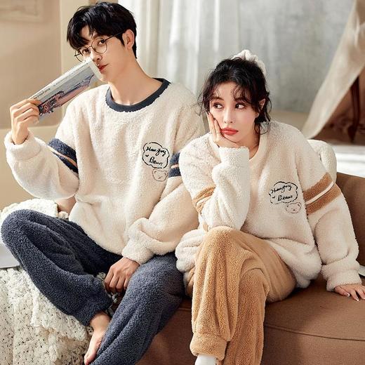 秋冬季法兰绒情侣睡衣女长袖加厚加绒保暖男士家居服套装珊瑚绒 商品图2